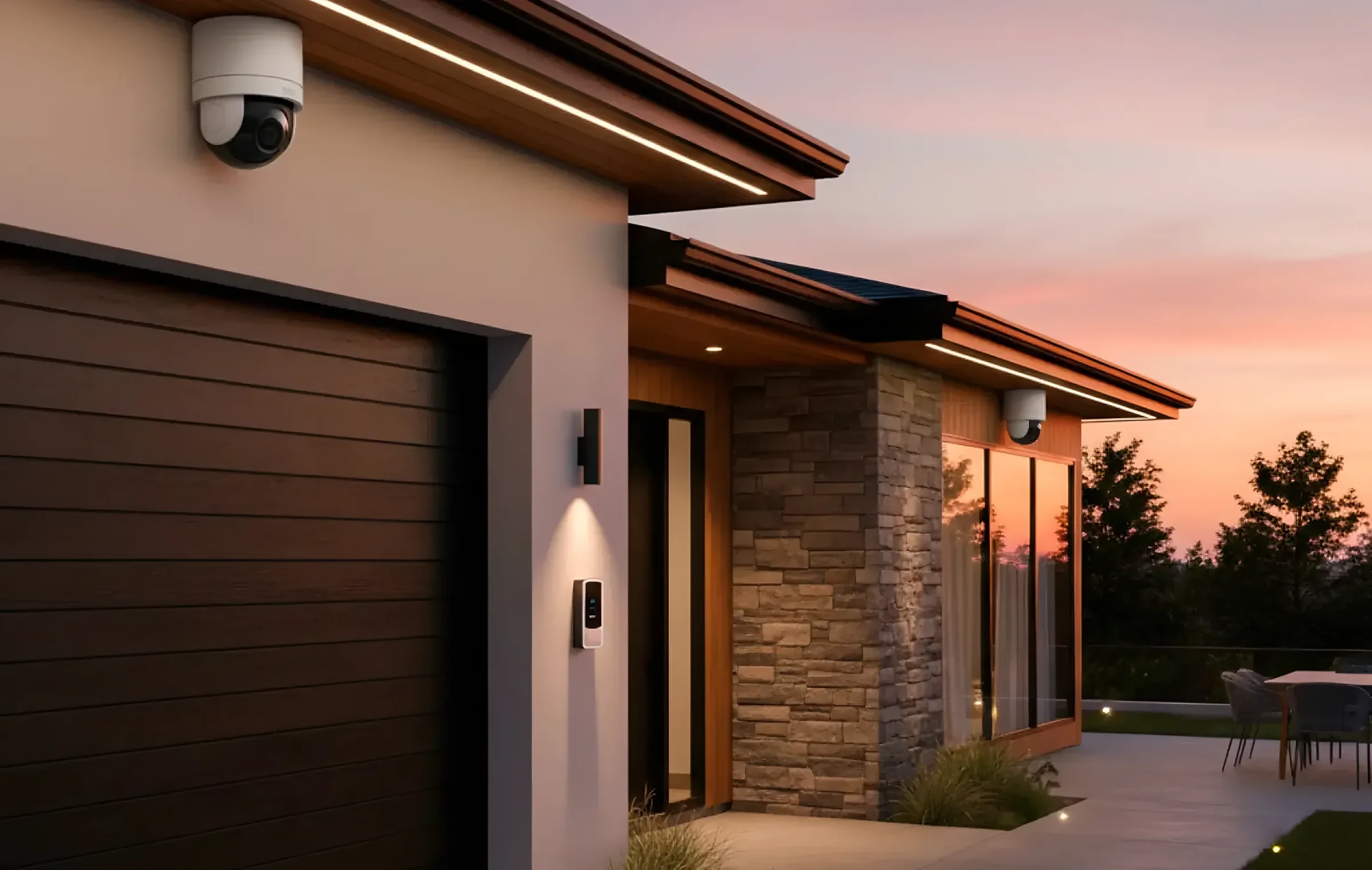 Security camera mounted on a modern home exterior