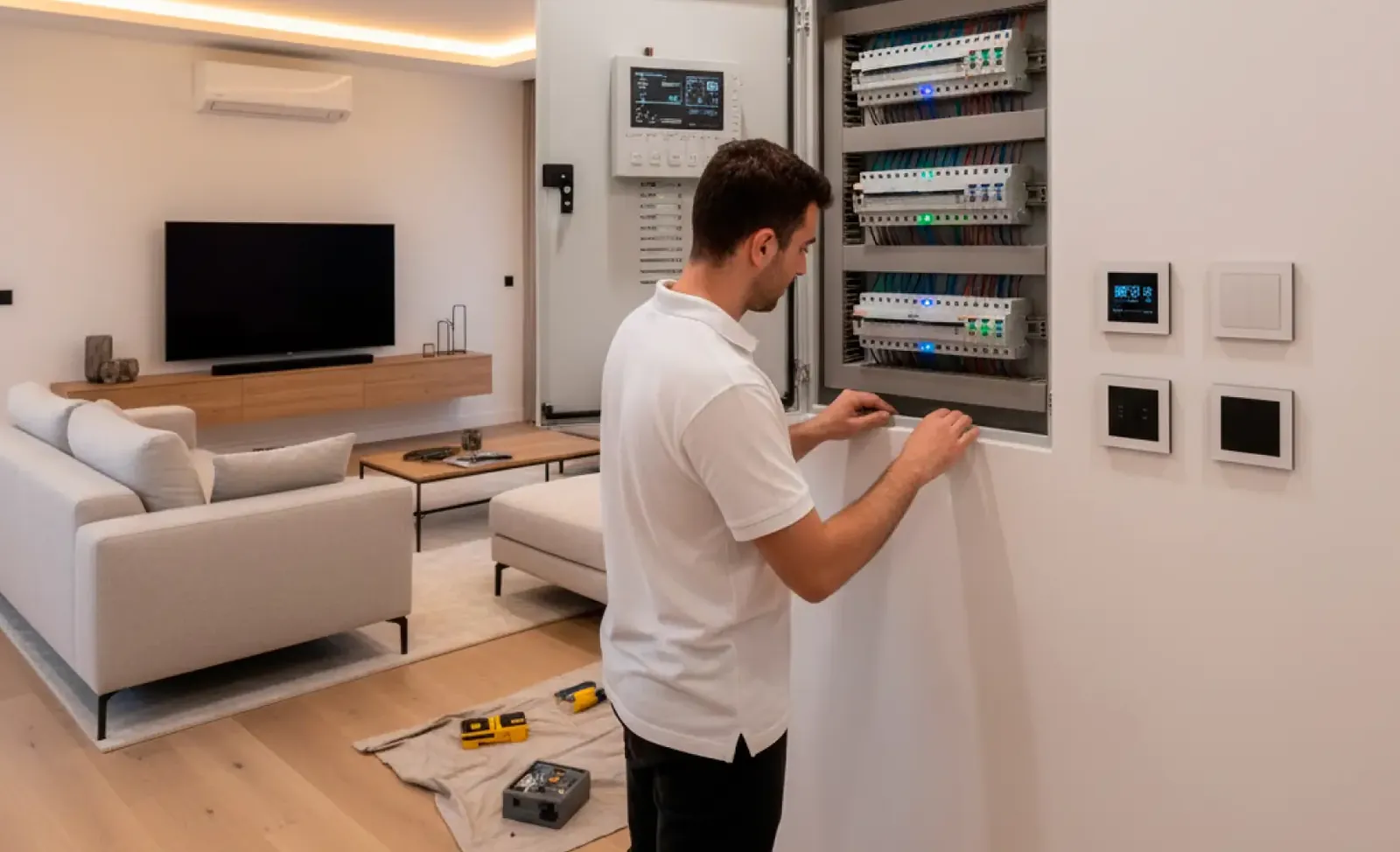 Technician wiring a home electrical upgrade