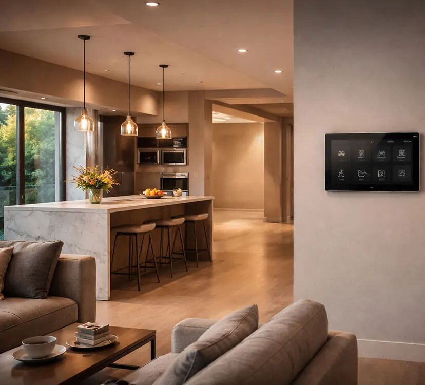 Smart home tablet control in a finished living room