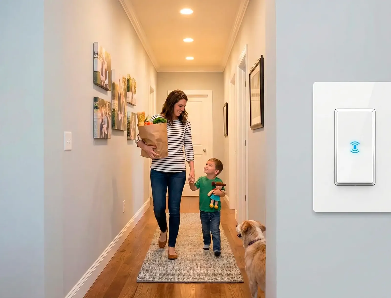 Smart lighting and climate controls in a modern living room